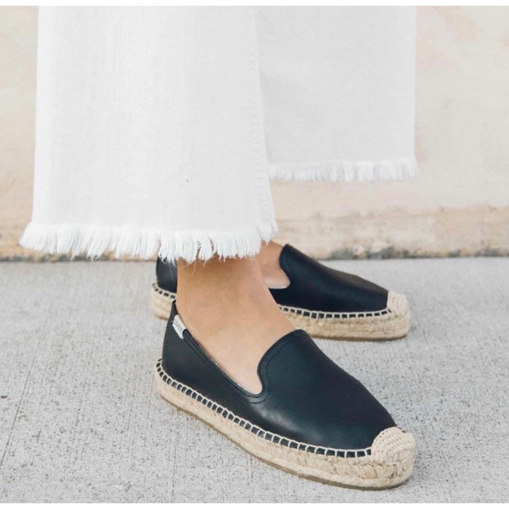 Soludos Leather Smoking Slipper Espadrille Flats Womens Size 8 Black Travel Chic